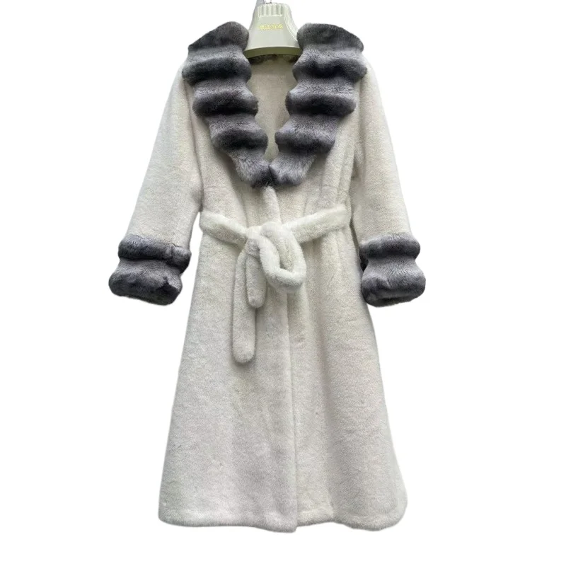 Big Fur Collar Waist Thin Plus Fur Integrated Extended Coat Temperament New Popular Luxury Leopard Print Fur Imitation Mink Fox
