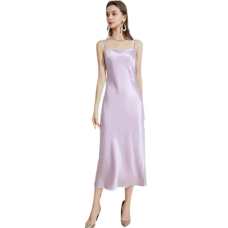 

Slash neck Sexy Summer artificial silk Dress Women Acetate satin Spaghetti Strap Dresses lavender Vestidos elegantes para mujer