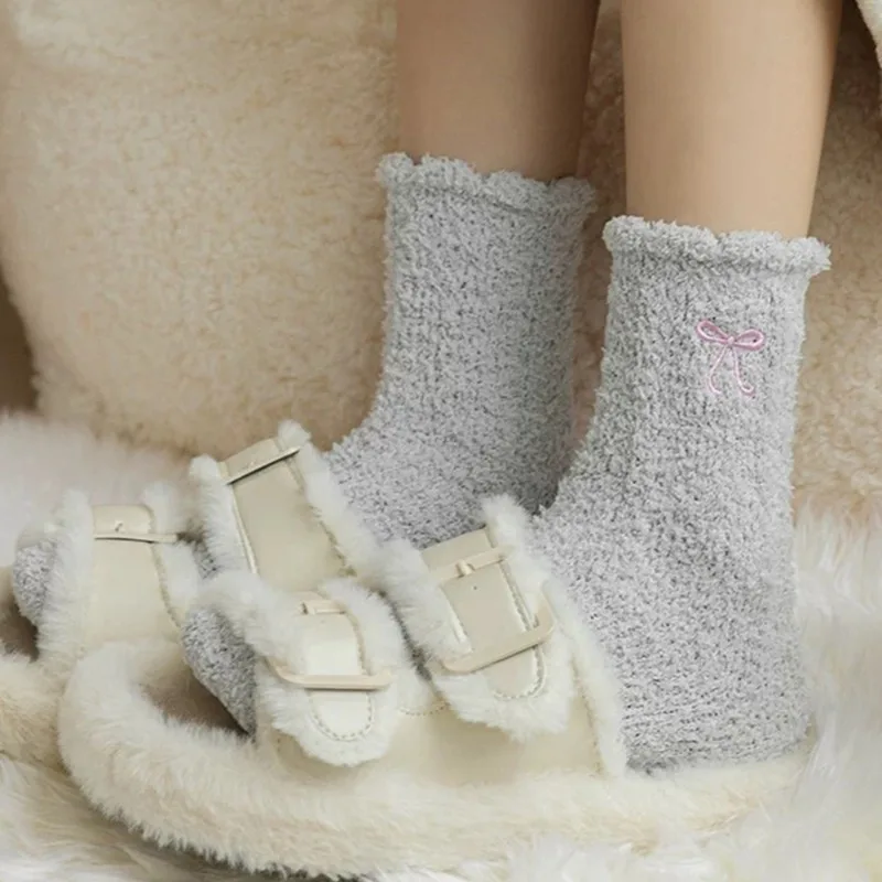 1/4Pairs Thick Plush Mid Tube Socks Women Coral Fleece Soild Color Thickened Warm Winter Harajuku Fashion Simple Home Sleep Sock image 6