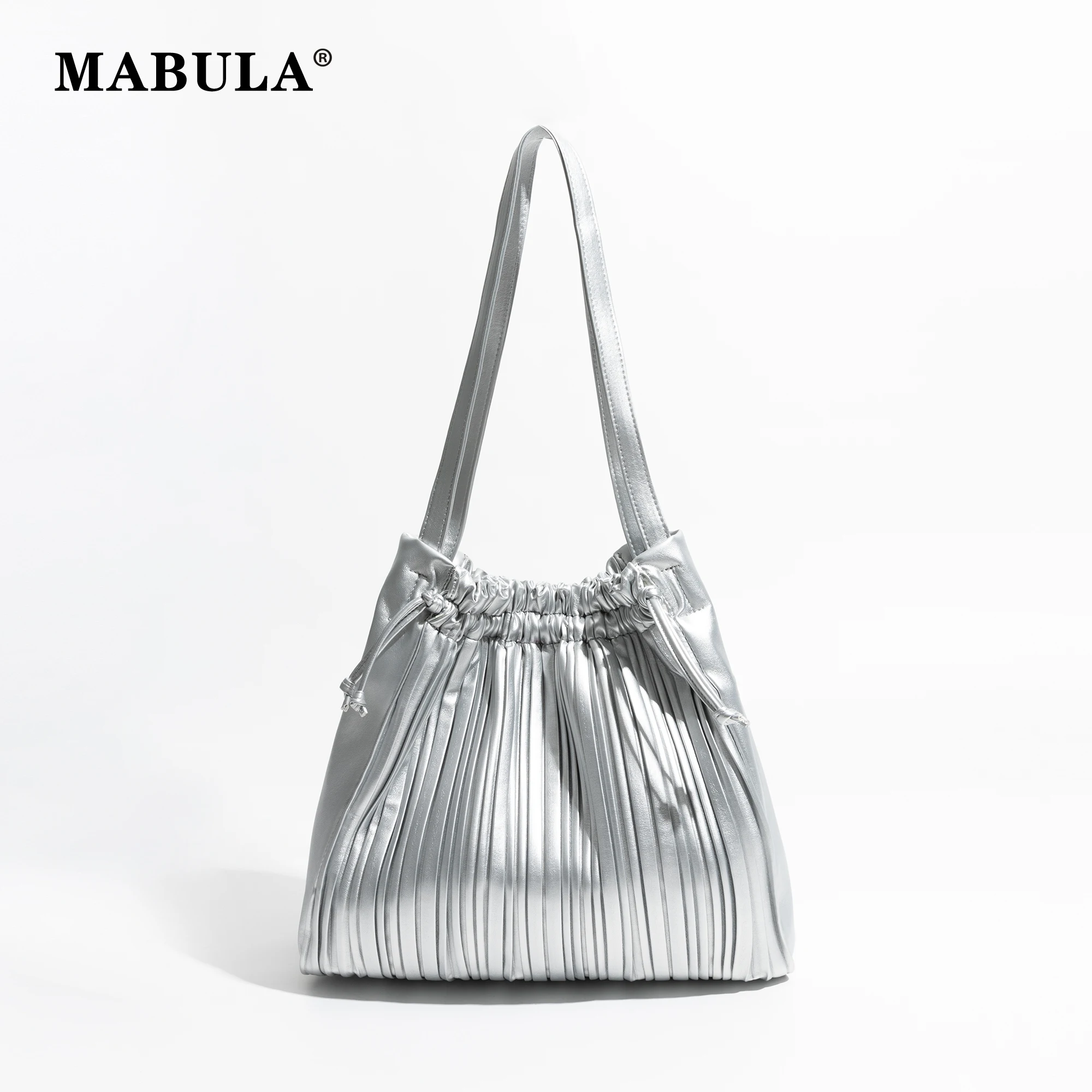 

MABULA Woman Elegant Pleated Shoulder Bag Silver Trendy Soft Leather Ruched Design Hobo Purse Simple Big Work Tote Handbag