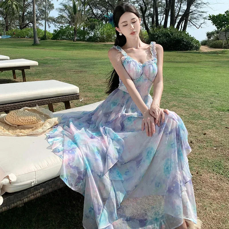 Francuska marszczona sukienka Boho Holiday Beach Dress Women Summer Off The Shoulder Backless Fairy Dress Sexy Evening Party Long Dresses