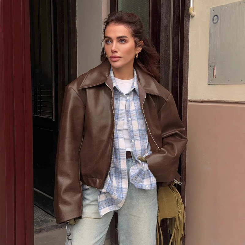 

New Chic Ladies Street Outerwear Vintage Woman Wine Red Lapel Zipper Jacket Spring Fall Fashion Loose Casual Long Sleeved Coats