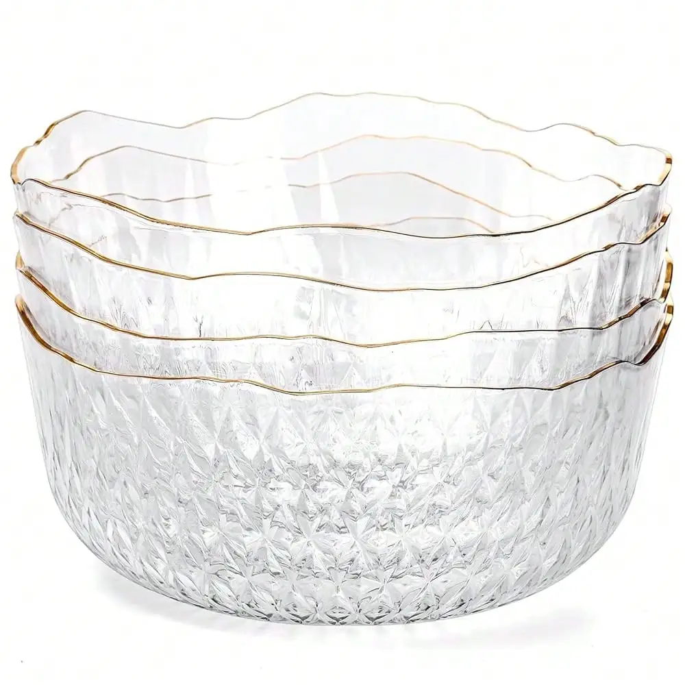 Frcctre Paquete de 4 tazones de plástico transparente para servir, tazón para mezclar ensalada de cristal de 70 onzas, tazones de plástico redondos de 9 pulgadas, tazones desechables para catering para fiestas, ensaladas, frutas, bocadillos, papas fritas, maíz