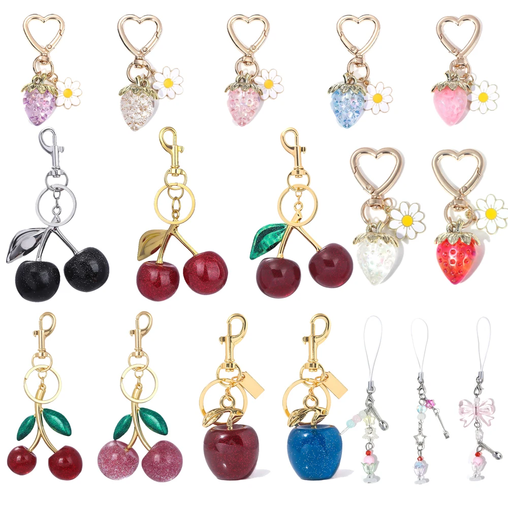 Fashion Delicious Red Cherry Keychain Exquisite Cherry Strawberry Pendant Heart Flower Daisy Women Girs Bag Purse Jewelry Gift