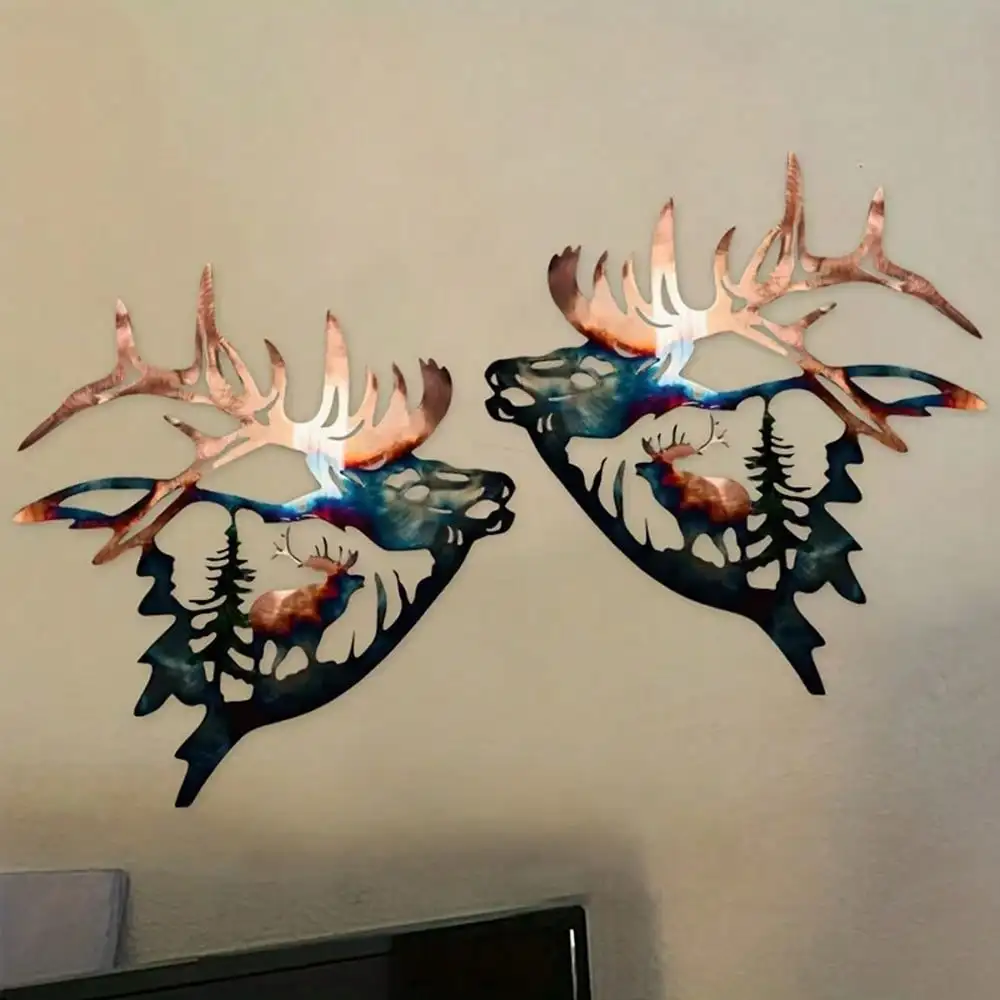 2PC Iron Elk & Deer Wall Art,Home Decor,Xmas/Halloween Gift,Wall Sculpture