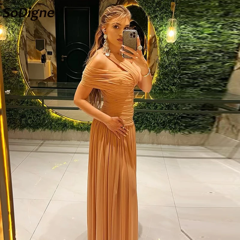 

SoDigne A-line Chiffon Prom Dress One Shoulder Sleeveless Arab Evening Dresses Pleat Long Gowns Robe De Mairee Customized