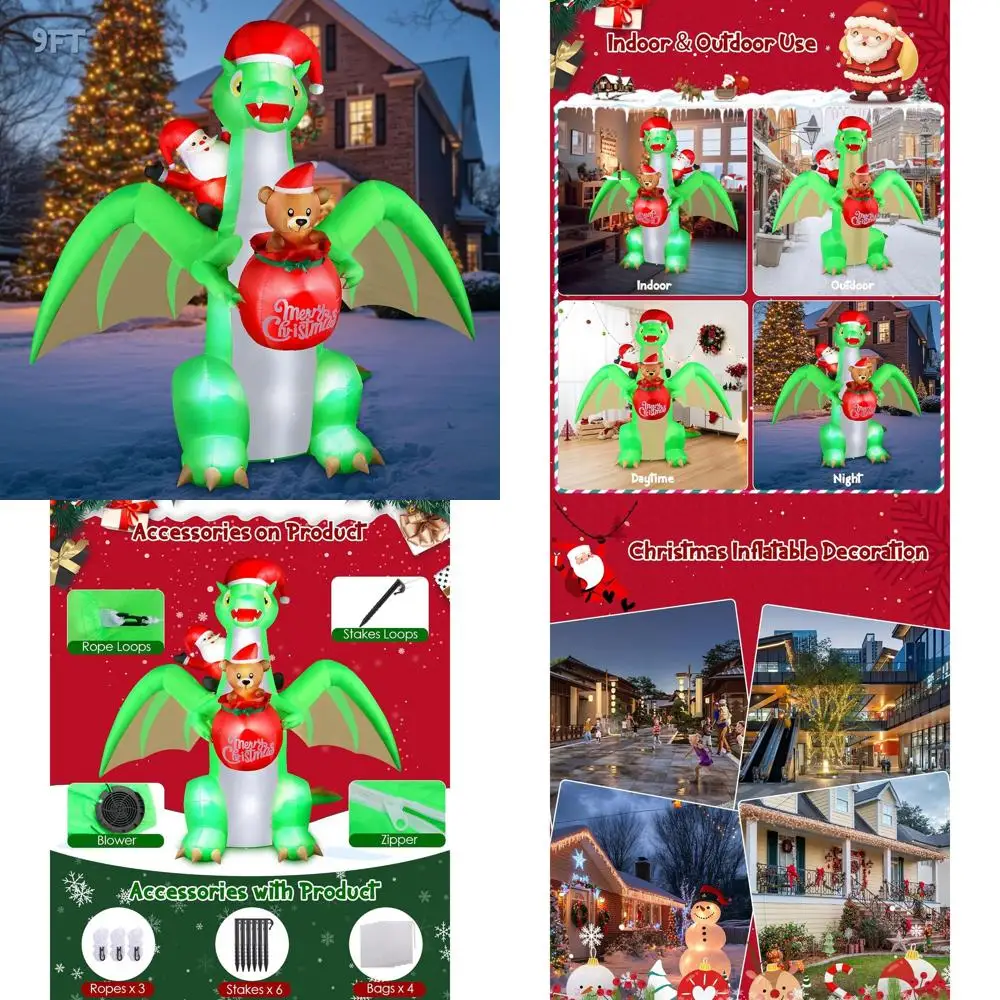 

Inflatable Santa and Dinosaur Christmas Decoration with LED Lights, Outdoor IP44 Weatherproof, Cute Bear, Indoor/Garden/Lawn/Yar
