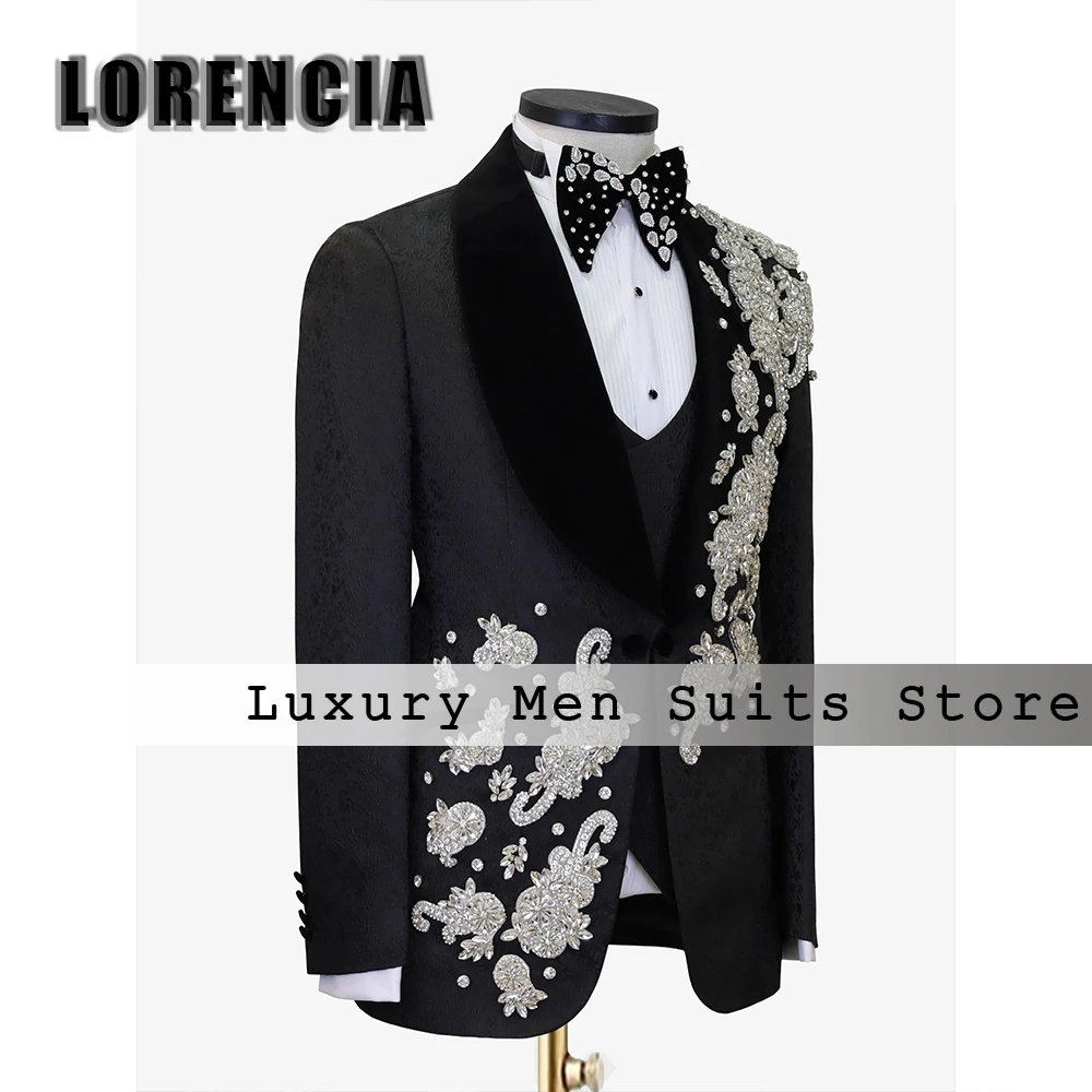 

Luxury Diamond Suits for Male 3 Pieces Shawl Collar Applique Tuxedos Wedding Groom Customized Blazer Pants Vest zomerset heren