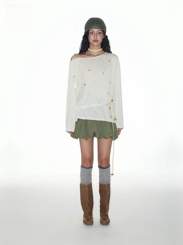 

Асимметричный летний топ из шелка и льна с длинными рукавами, украшенный бисером, для женщин, стандартной длины