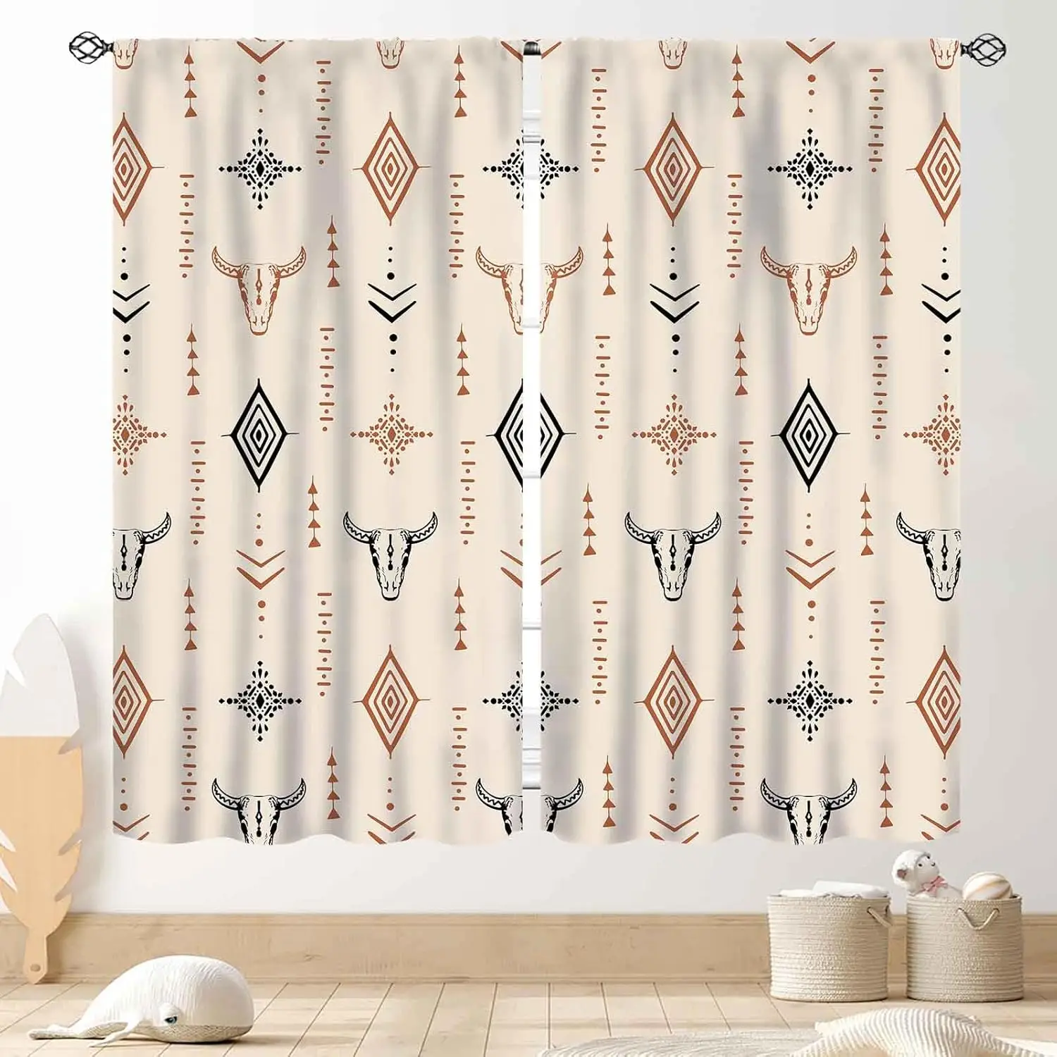 Rustic Retro Aztec Bull Skull Southwest Tribal Ethnic Farmhouse Rural County Cowboy Boho Beige Western Window Drape Treatments