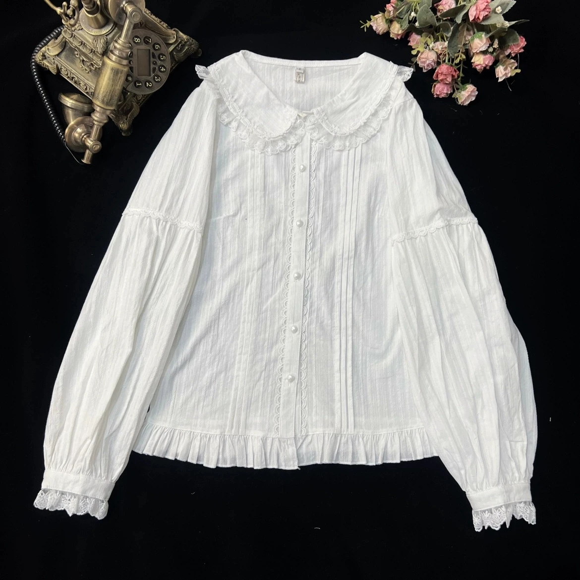 ピーターパンカラー長袖スイートロリータブラウス レディース キュートレースボウシャツ カワイイガール コットンコスプレカジュアルロリータ服 90年代