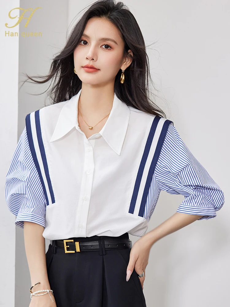 H Han Queen 2024 Summer Korean Women Colorblocking Stripes Vintage Tops Chiffon Short Sleeve Casual Office Shirts Elegant Blouse