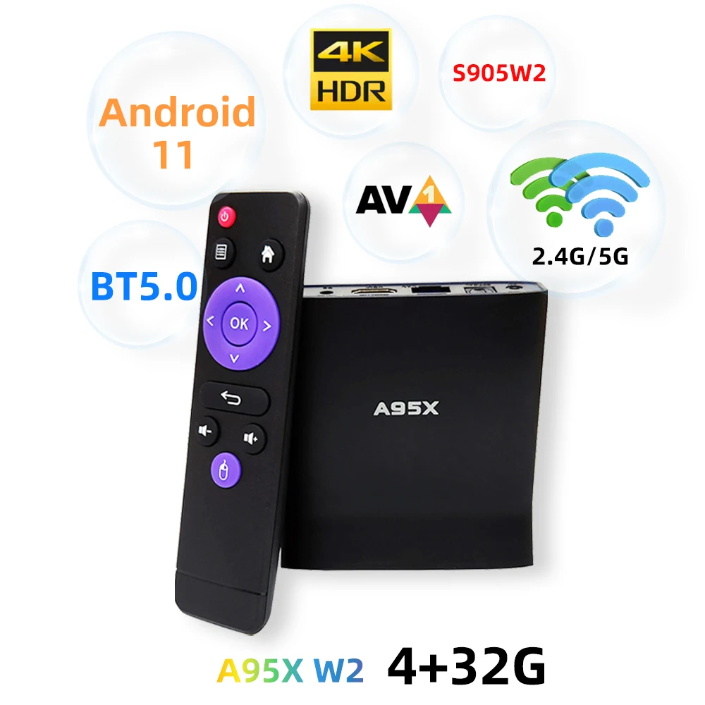 

TVBox Android 11 A95X W2 S905W2 4K HDR AV1 4+32G WIFI 2.4G/5G BT 5.0 IP TV Online Streaming Set Top Box
