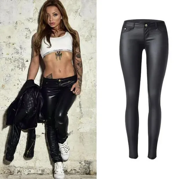 Women Autumn Sexy Low Waist PU Leather Black Skinny Motorcycle Pants