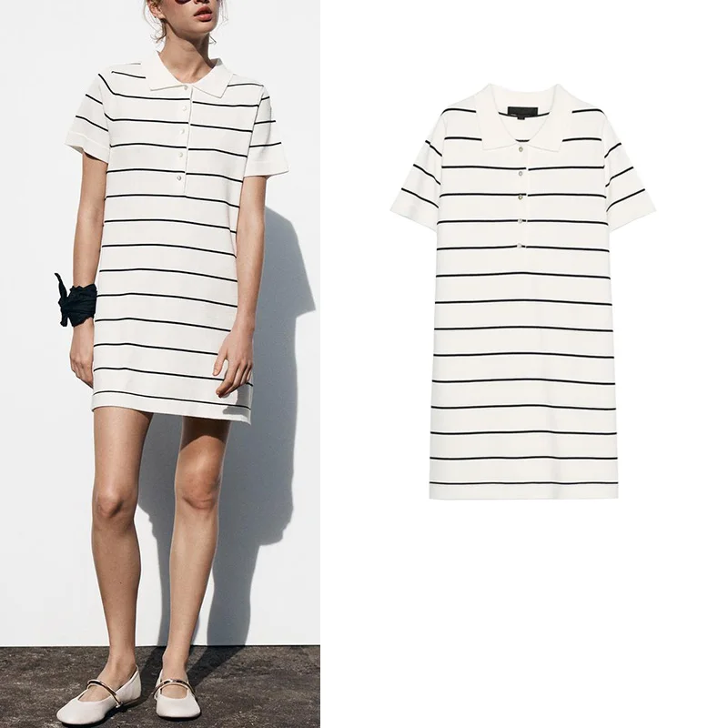 夏の新作 レディース カレッジ風 ボタン飾り ストライプ柄 ニット 半袖 ポロ襟 ミニワンピース カジュアル Aライン ポリエステル