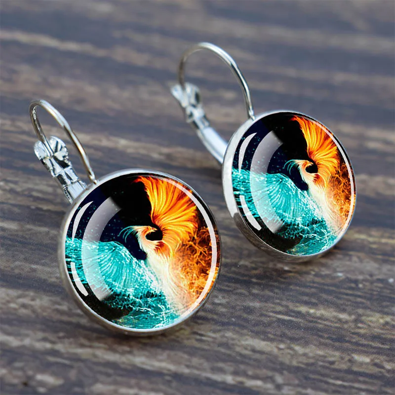 Yin Yang Hoop Earrings Chinese Style Jewelry Dome Glass Inlaid Fashionable Women's Jewelry Gift