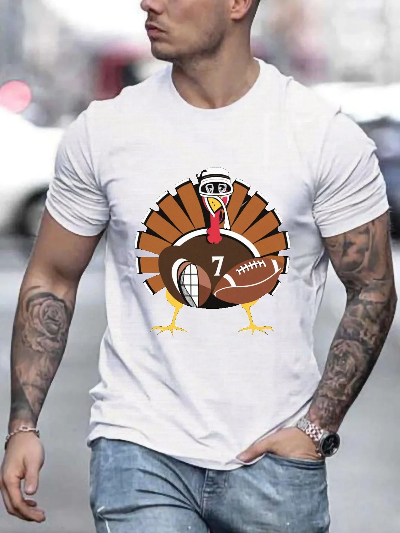 Thanksgiving Day Turkey with American Football Print T Shirt Tees for Men Casual Short Sleeve T-shirt for Summer