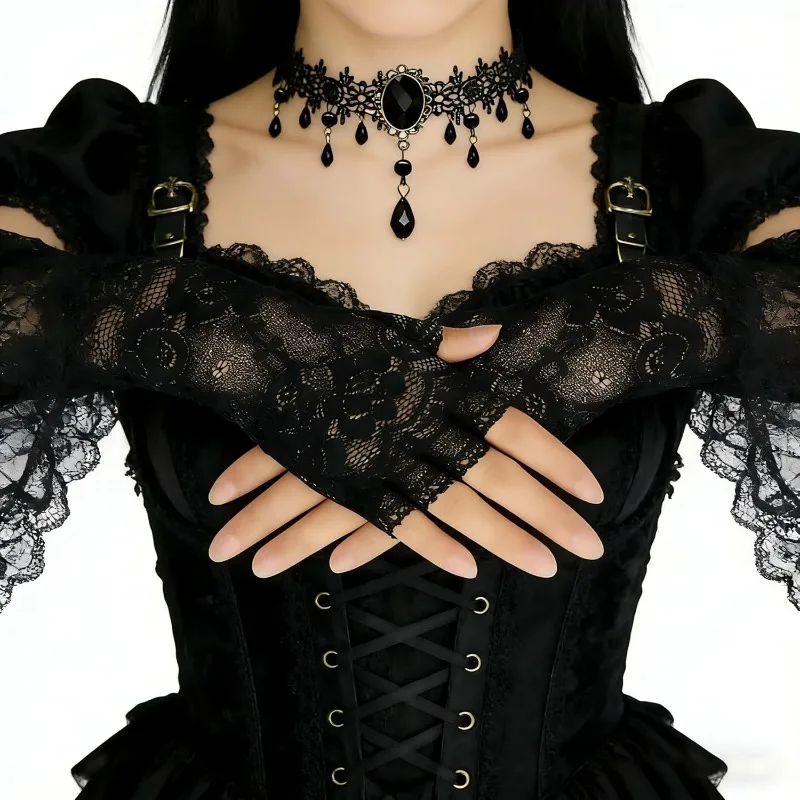 Women's Goth Accessories Set-Black Lace Fingerless Gloves and Velvet Choker Necklace for Halloween,1920s Party&Gothic Cosplay 2