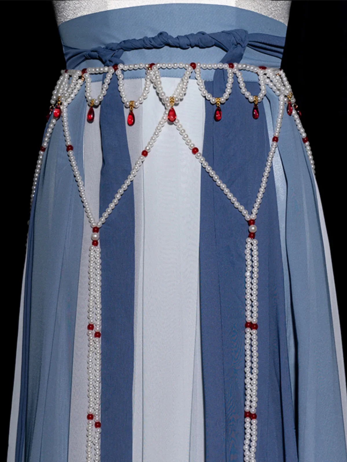 snowy moon handmade long fringed imitation pearl waist chain, waist and thin Chinese style Hanfu accessories 1 piece