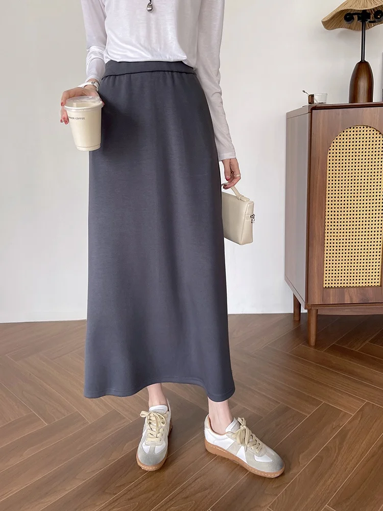 

High Waist Woolen Midi Skirt Women's Faionable Slimming A-Line Spring Autumn Season Polyester Fiber Elastic Band Skirts