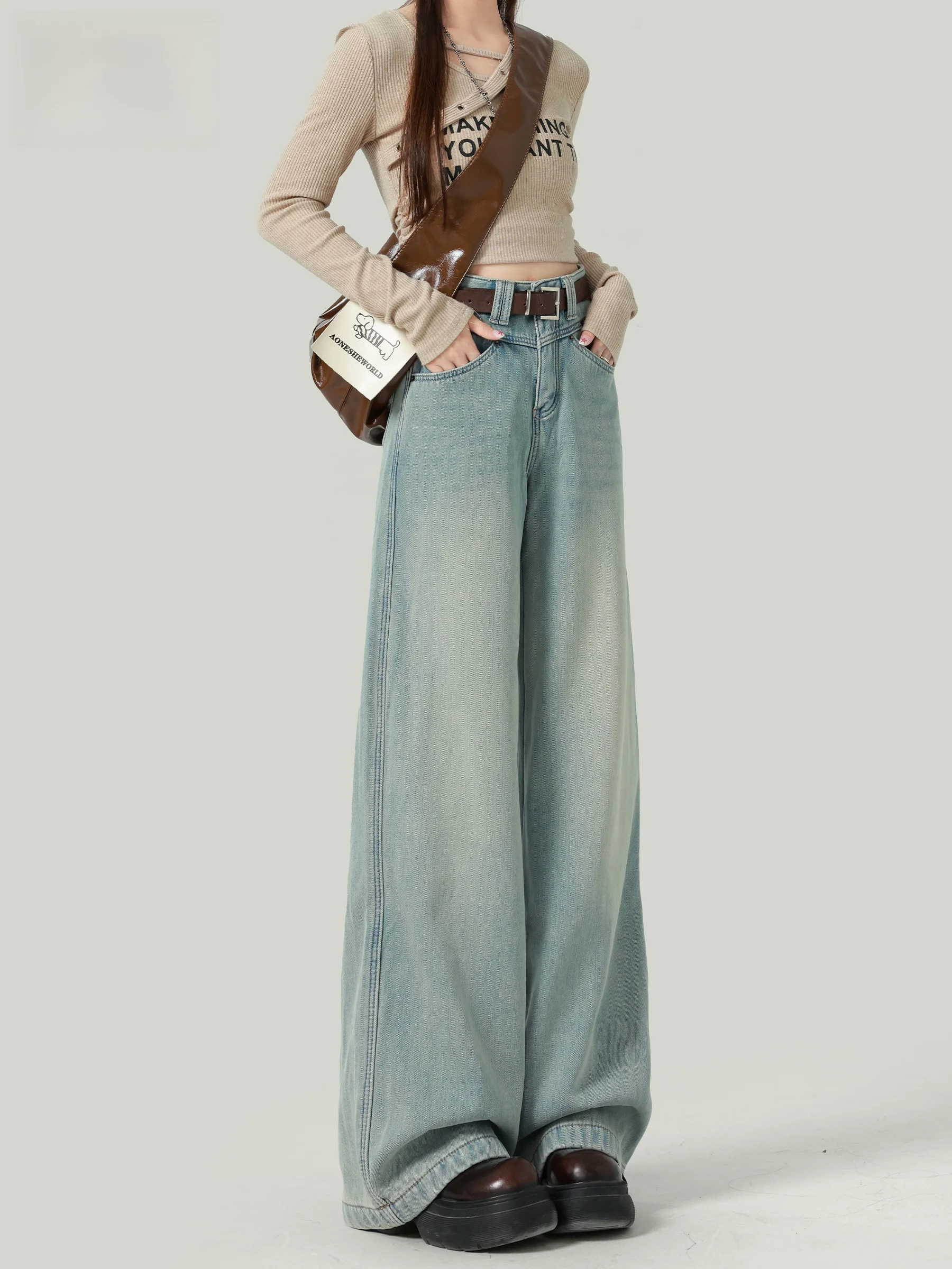 

Женские джинсы с высокой талией и широкими штанинами, осенне-зимняя новинка, на флисовой подкладке, свободные, стройнящие, струящиеся, прямые, в пол