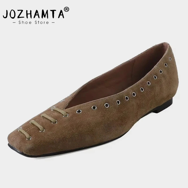 JOZHAMTA sepatu flat kasual wanita sepatu hak rendah nyaman kulit asli tali bertatah antik ukuran 34-40