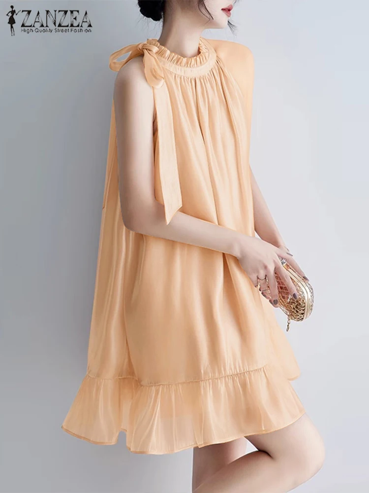 

ZANZEA Casual Chiffon Stand Neck Mini Dress Sexy Sleeveless Tank Dress 2024 Summer Bowtie Pleating Sundress Vintage Korean Robes