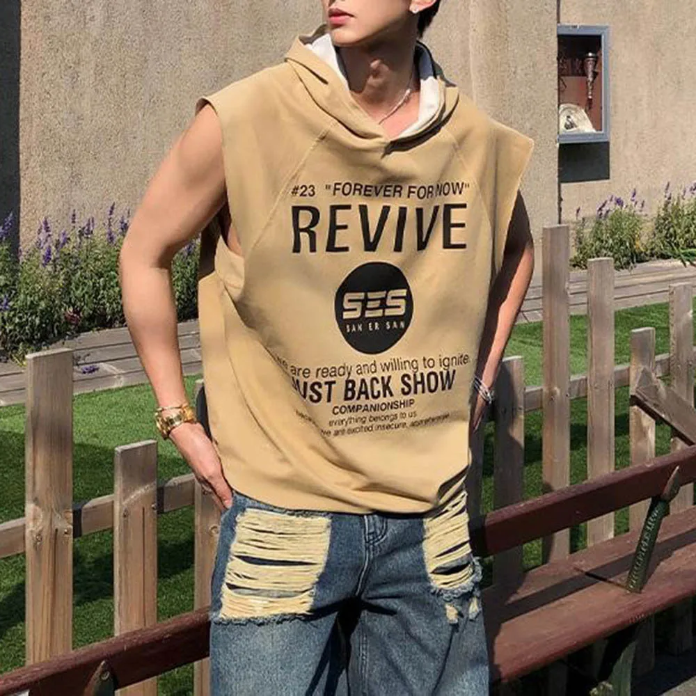 

Новинка лета 2024, мужская футболка без рукавов с капюшоном, американская модная тенденция в стиле ретро, уличная повседневная свободная дышащая нишевая мужская футболка