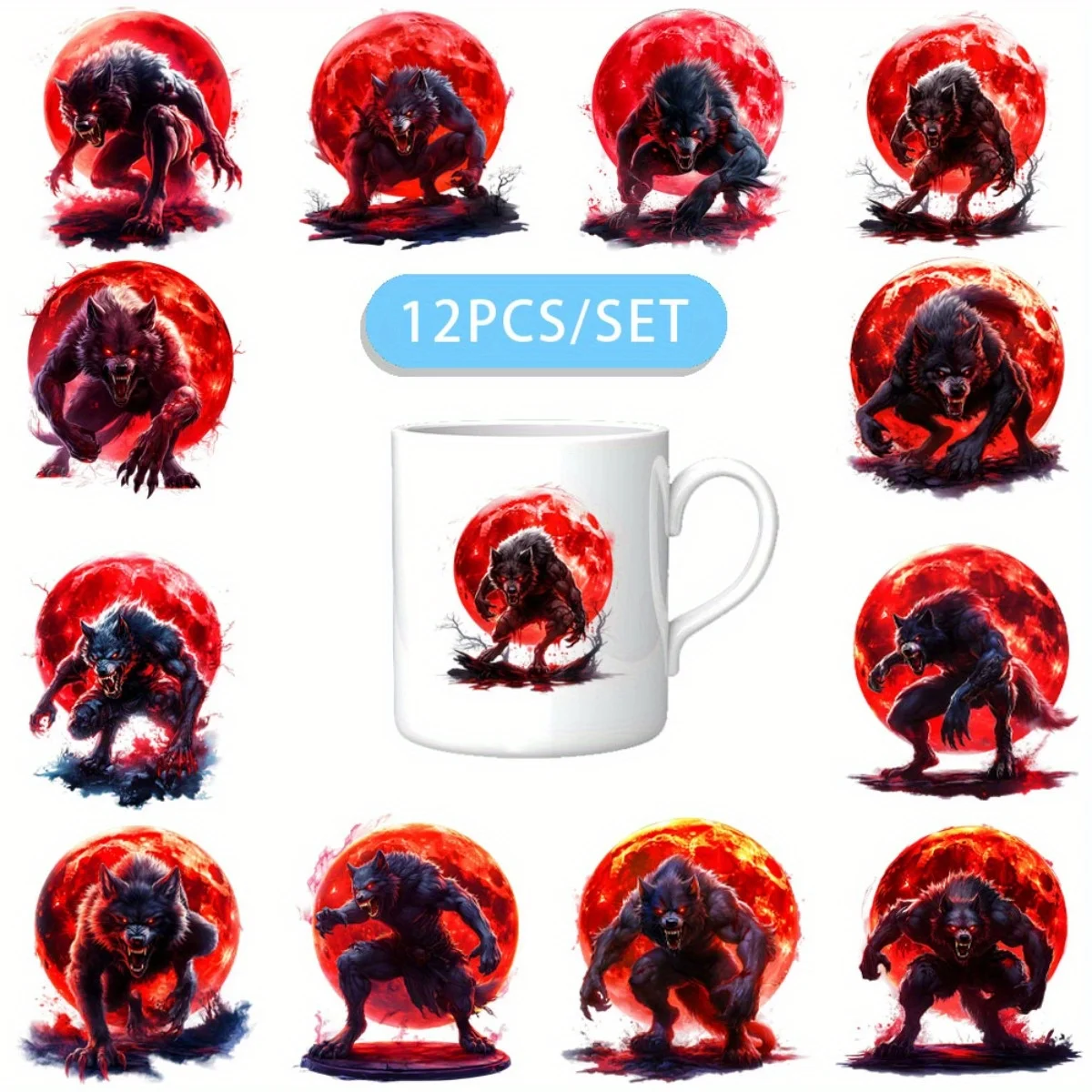 12 Stück/Set Blutmond-Werwolf DIY Skinny Tumbler Dekorationsfolie UV DTF Hochhaftende Transferpapierfolien