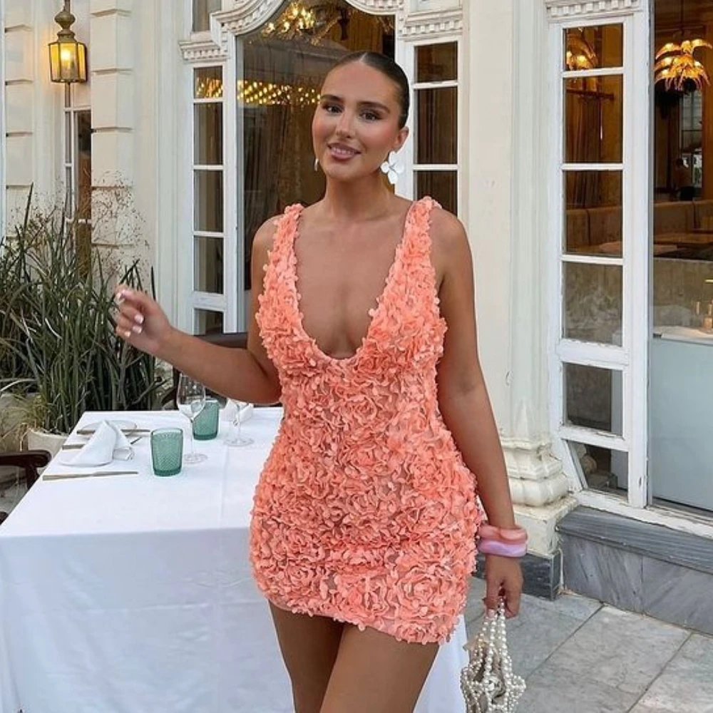 Mingmingxi Summer Sexy Party Dresses 2024 New Arrivals Deep V Neck Applique Mini Dress Sleeveless Orange Bodycon Dress Women