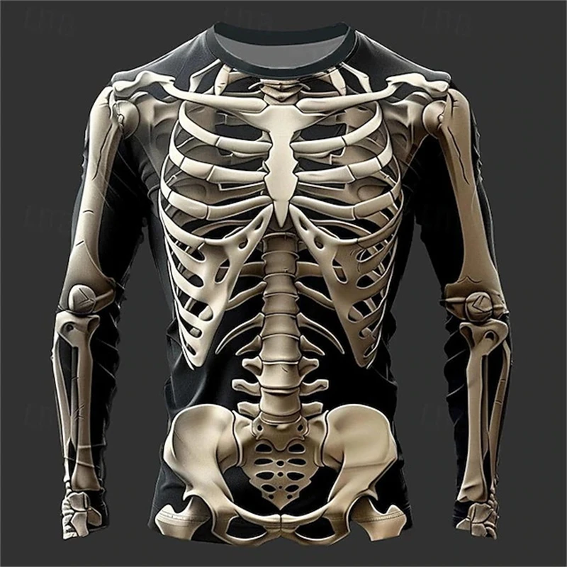 New 3D Skeleton Skull Pattern Printed T-shirt Men Long Sleeve Casual Fashion T Shirt Top Breathable Streetwear Loose Tees Shirt