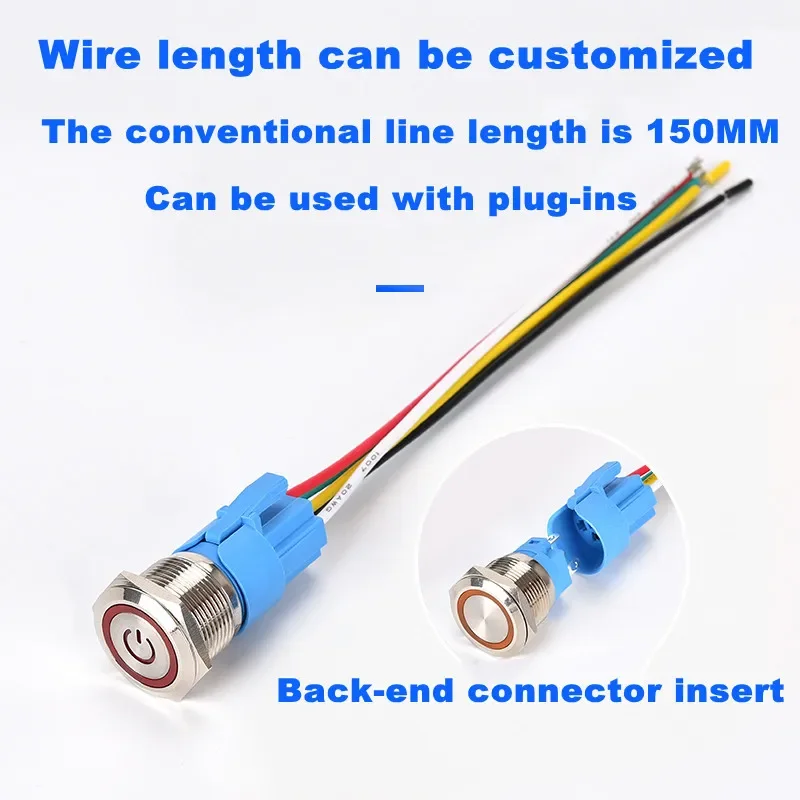12mm16mm 19mm 22mm Metal Button Switch Connector Cable Socket, Terminal Insertion, 5-Wire with Light, 3-Wire Without Ligh