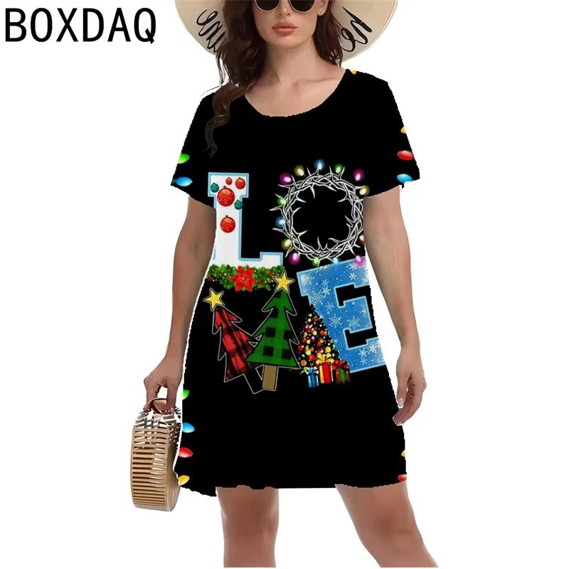 Nowa damska sukienka na imprezę świąteczną 3D Snowman Elk Printed Dress Summer Short Sleeve O-Neck A-Line Dress Vestidos De Mujer