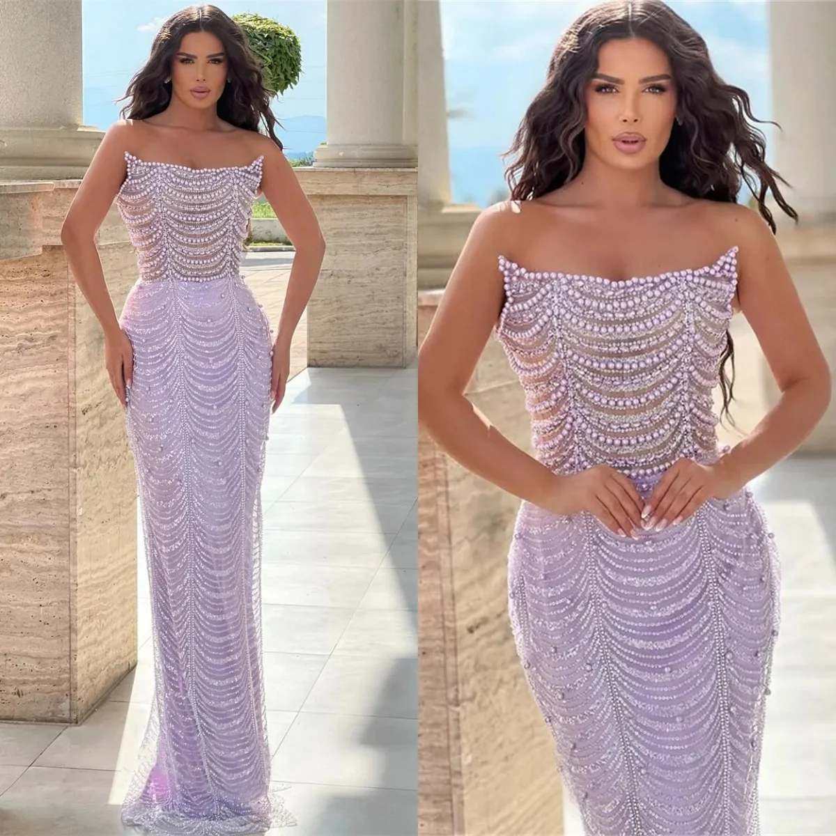 

Elegant Pearls Evening Dresses Strapless Prom Dress Sequins Beading Slim Sleeveless Mermaid Party Gowns Vestidos De Noche