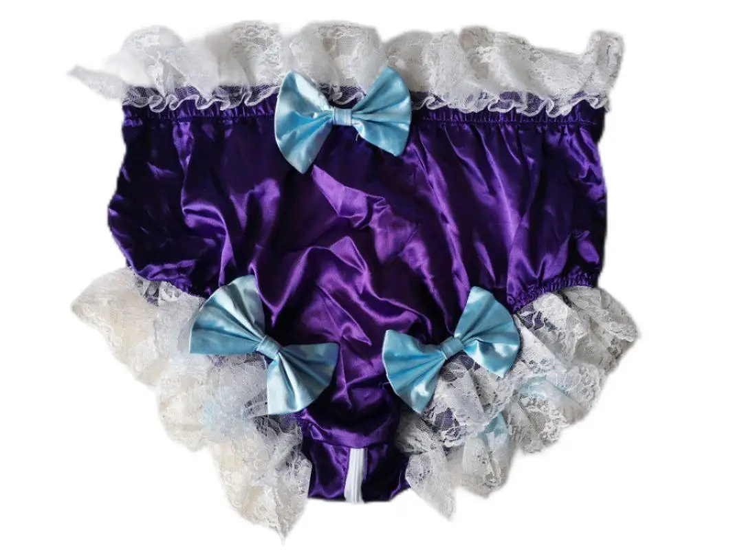 Fashionable French Sissy Adult Giant Baby Purple Satin Dress Underwear White Bow Lace Trimmed Crotch Zipper Opening