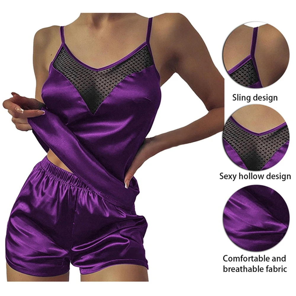 Classic Basic Lingerie Sleepwear For Women Transparent Babydoll Underwear Lace Satin Patchwork V-Neck Tank Tops Shorts Outfits