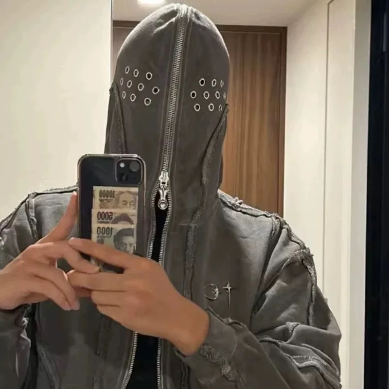 THUG CLUB VIBE Waed Wax Dyed Zipper ark Face Cover Open Cardigan Hoodie Heavy Design Sense Outerwear Casual Loose Fit