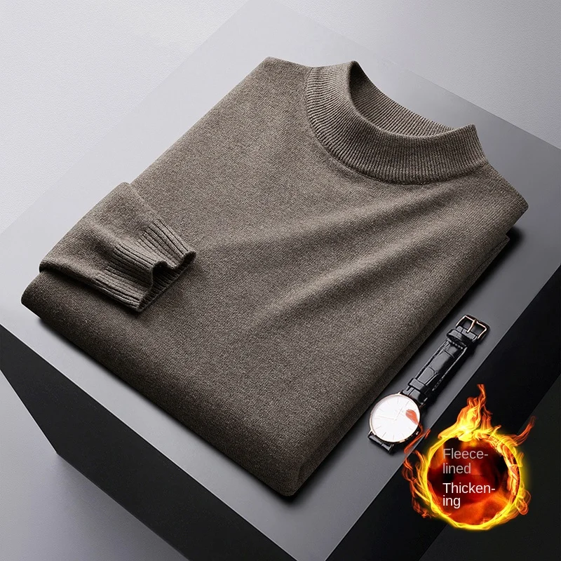 Winter Warm Sweater Men's Fleece-lined Cold-Resistant High-End All-Match Stretch Casual Fashion round Neck Thickened Sweater