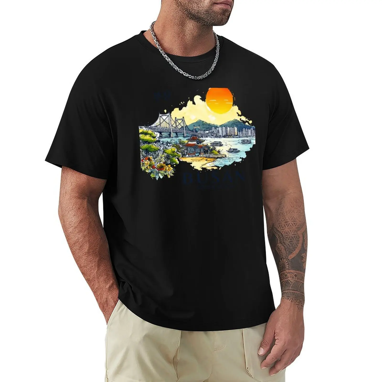 Busan South Korea Watercolor T-Shirt Big Size Short Sleeve Tee for Men