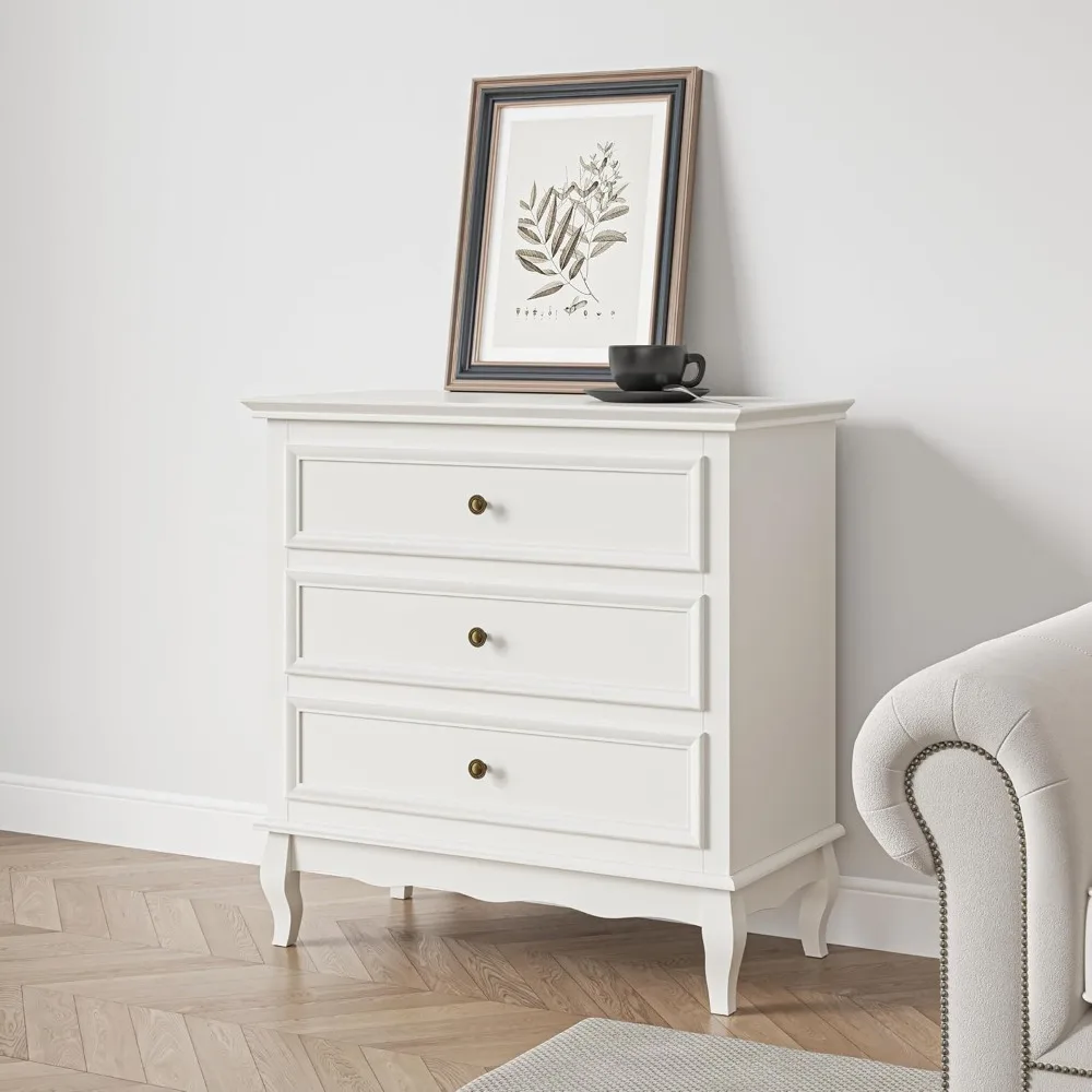 

White three drawer dresser for bedroom, wide chest of drawers with ball bearing slides, modern wooden dresser