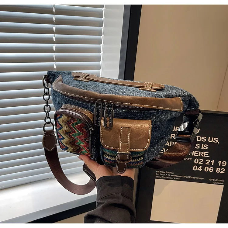 

Women's Retro Denim Canvas Ethnic Trend Bag Multifunctional Shoulder Crossbody Waist Commuting Bag