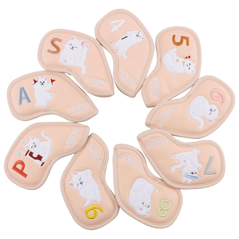 

9 шт., железный чехол для головы с рисунком кошки, защита для головы из искусственной кожи для гольфа, чехлы для гольф-клуба, устойчивый к царапинам чехол