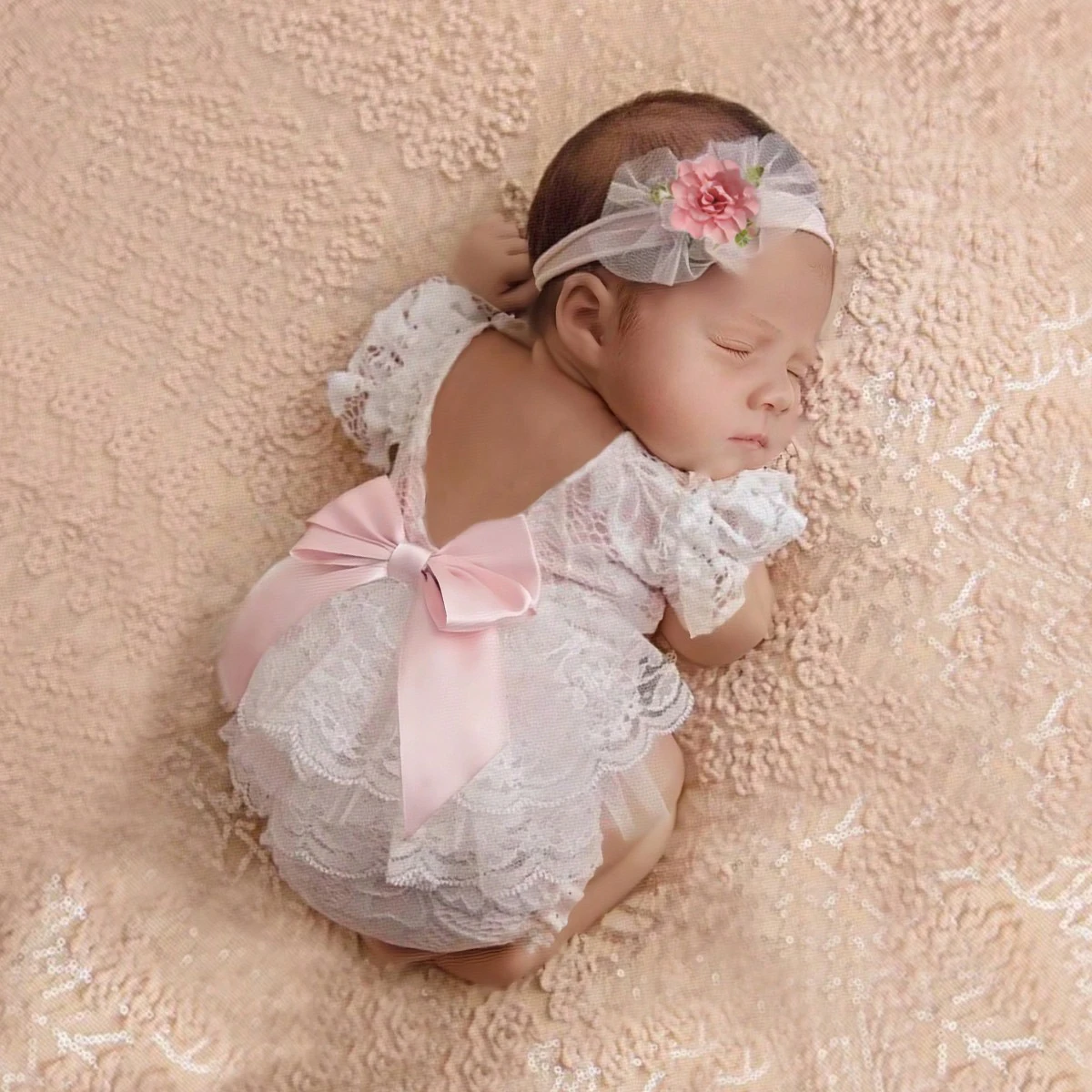 Ylsteed Newborn Lace Romper with Headband Baby Girl Ribbon Bow Photography Lace Outfit Infant Photo Props