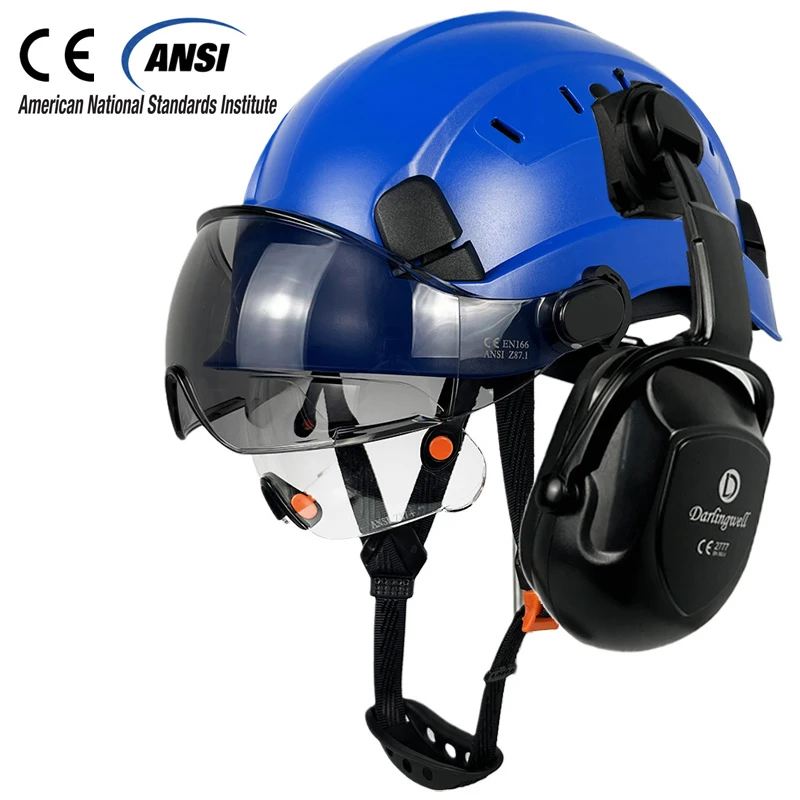 CE Construction Safety Helmet With Visor Built In Goggle Earmuffs For Engineer Hard Hat ANSI Industrial Work Cap Head Protection