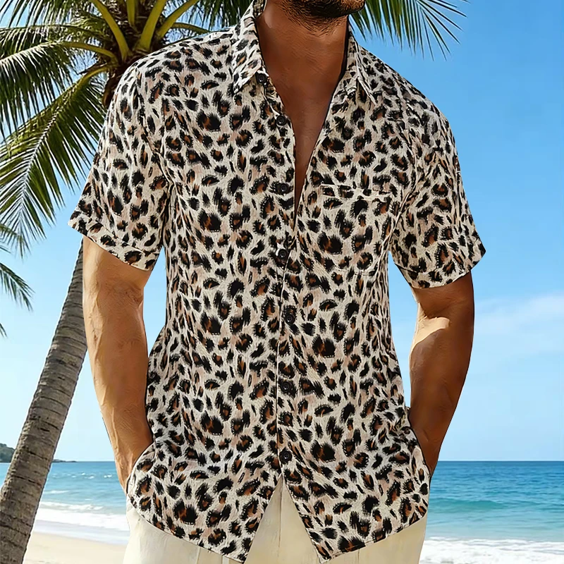 Leopard Printed Cuban Shirt Tops for Summer Camisas Hawaianas De Hombre 2026 Pocket Designer Vacation Loose Short Sleeve Shirts