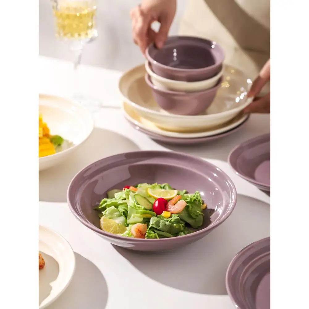 Elegant Ceramic Dining Set Bowl Plate Fish Plate Serving Bowl Soup Bowl Western Dinnerware round Shape Simple Style Home Use