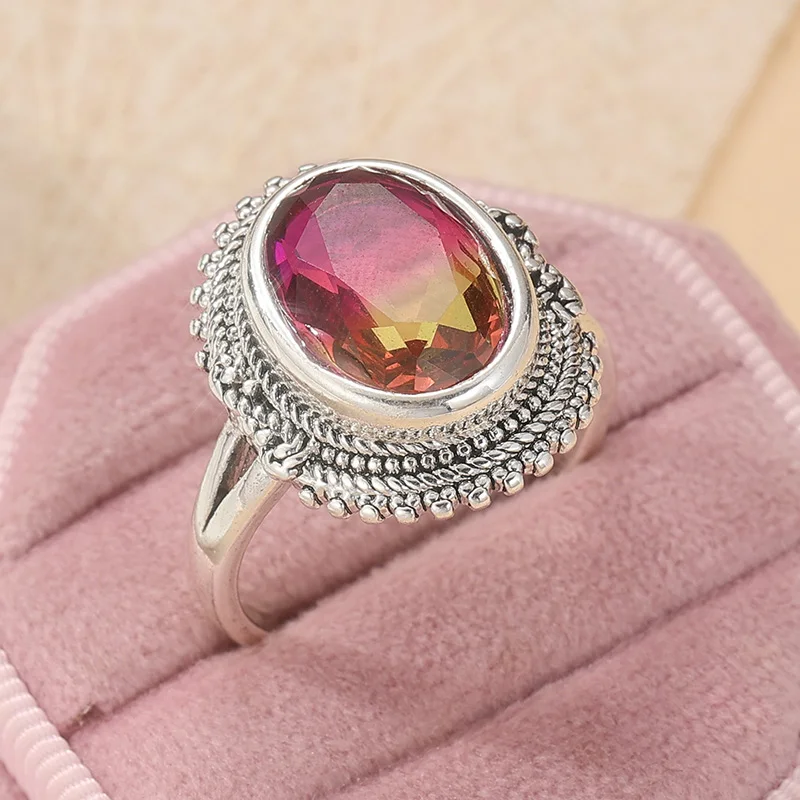 Vintage Minimalistischer, versilberter, böhmischer Ring für Damen mit bunten Zirkonia-Einlagen, exquisiter Ring, modischer Schmuck, Geschenkidee