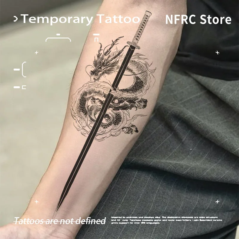 Coiled Dragon Through Katana Herbal Juice Tattoo Sticker Fake Temporary Tattoos Tatoo Tatuaje Novelty in Toys Hotwife Stickers
