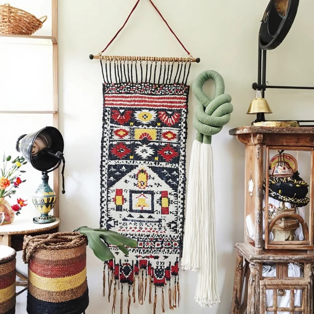 #￥Ring Button Knot Cotton Rope Macrame Art Deco Design Gisenu Brand Uneven Pattern Posemiah Manual Weaving Diwali Cafe Home Wall
