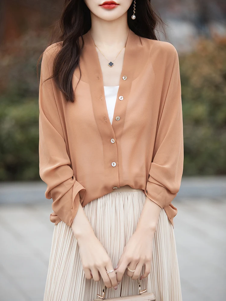 

women Solid Top Button shirt Thin Style Slightly Transparent Sexy Long Sleeves Shawl Collar Spring Summer Fashion Elegant Casual